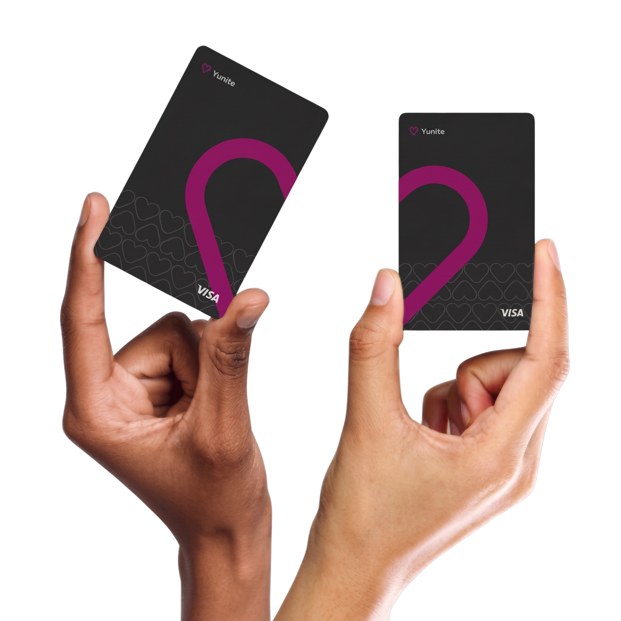 Two hands holding black Yunite Visa debit cards