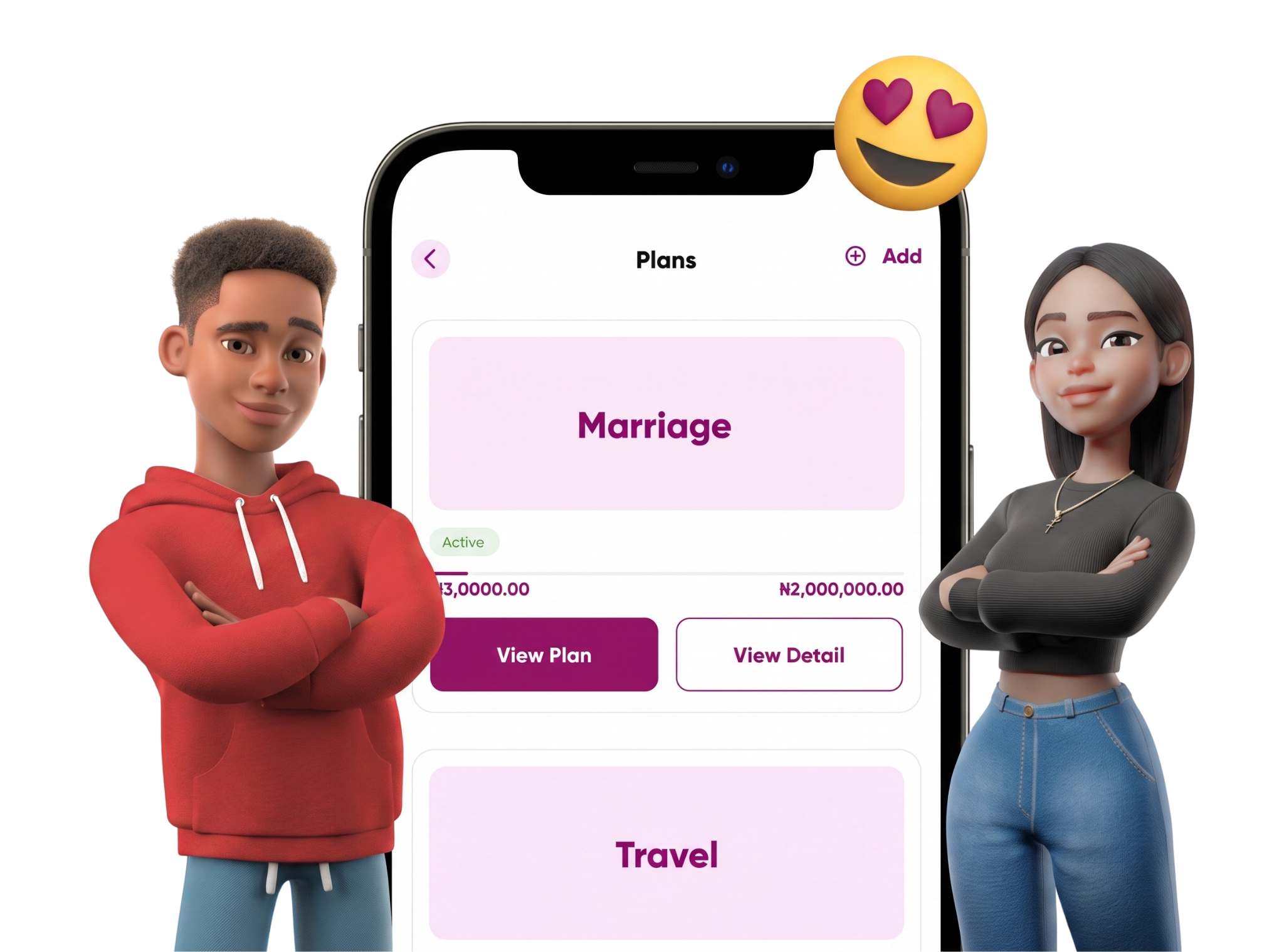 The Yunite savings plans screen with goals for marriage and travel