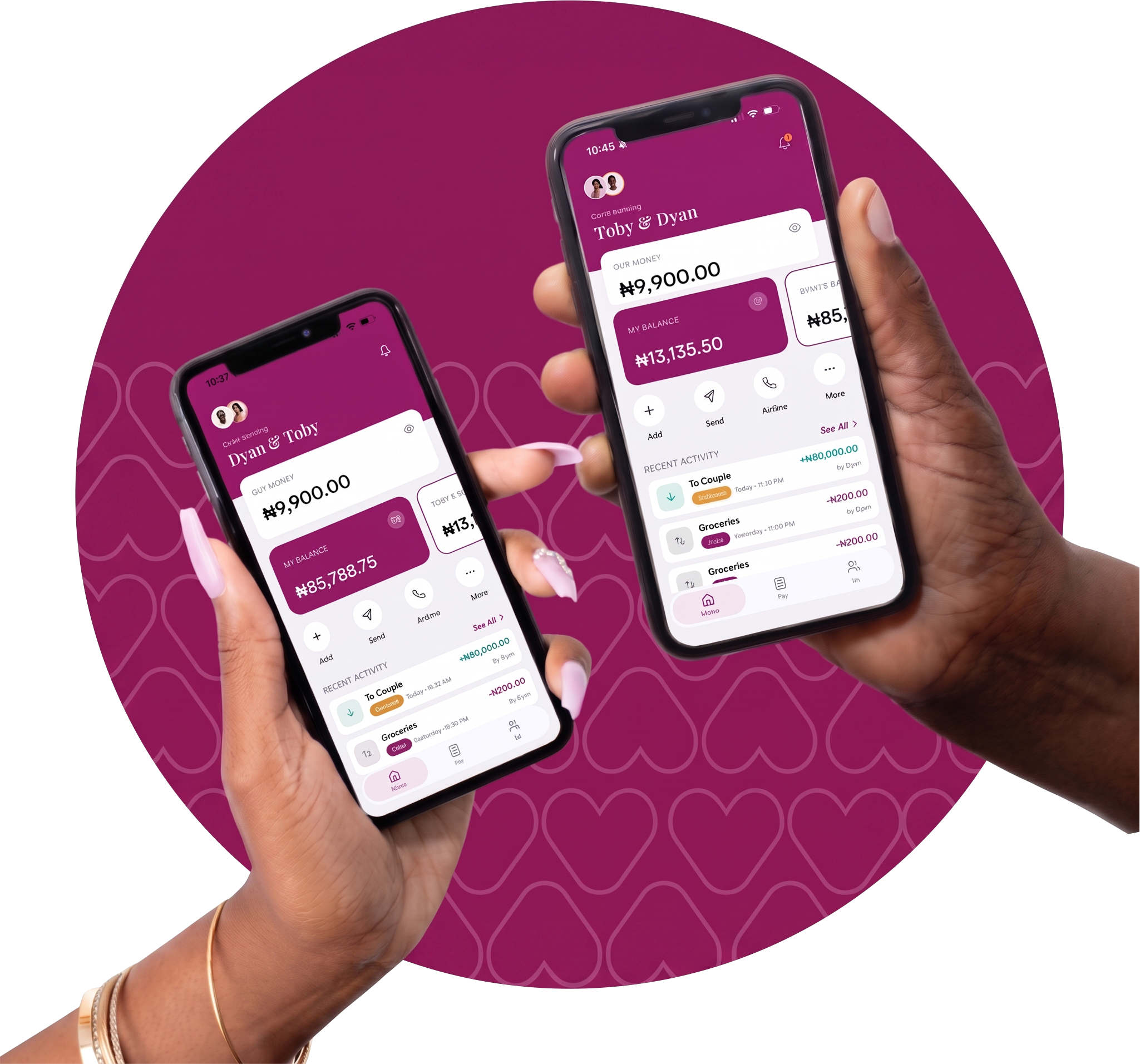 Two phones showing the Yunite shared account home screen