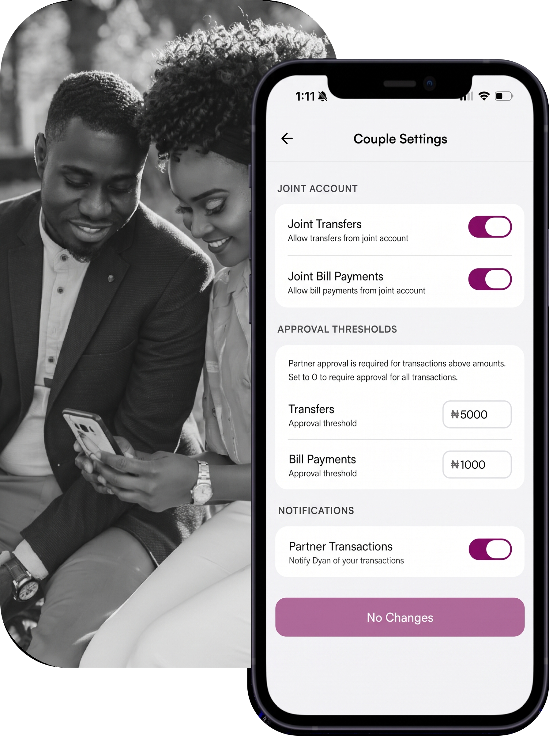 The Yunite split payment screen showing a 50/50 split between partners
